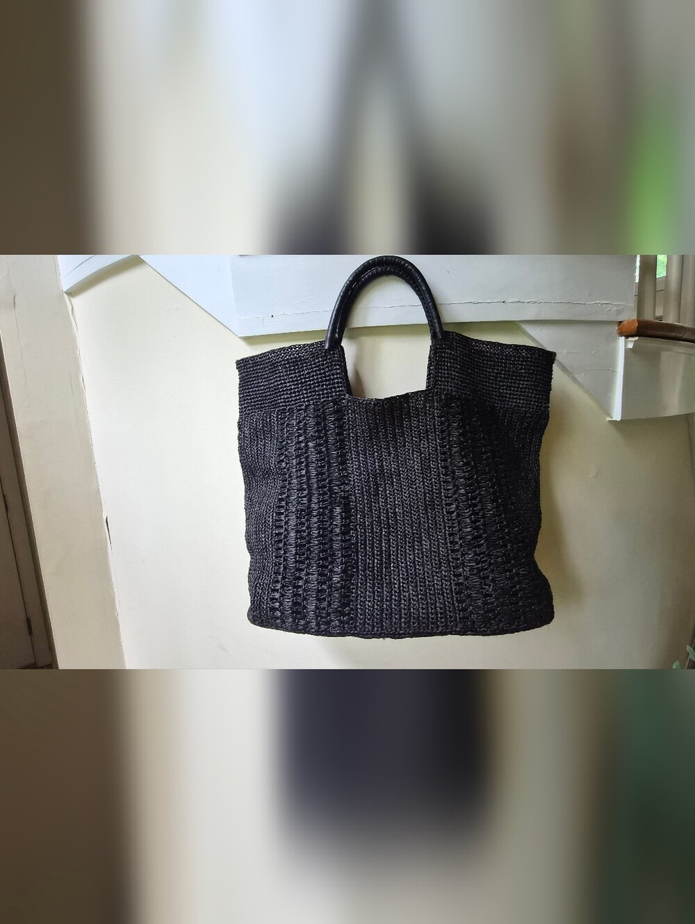 Black Woven Leather Handle Tote Quiet Luxury Coastal Raffia Bag